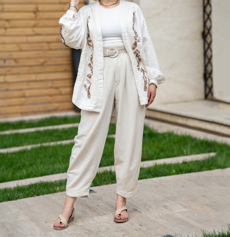 لباس لینن زنانه با شلوار لینن پری با کمربند