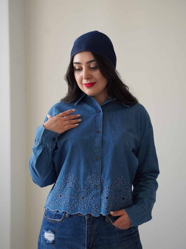 شومیز جین رنگ آبی ترک طرح رز