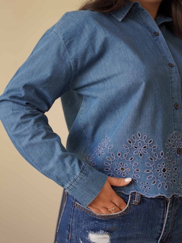 آستین شومیز جین ترک رنگ آبی طرح رز