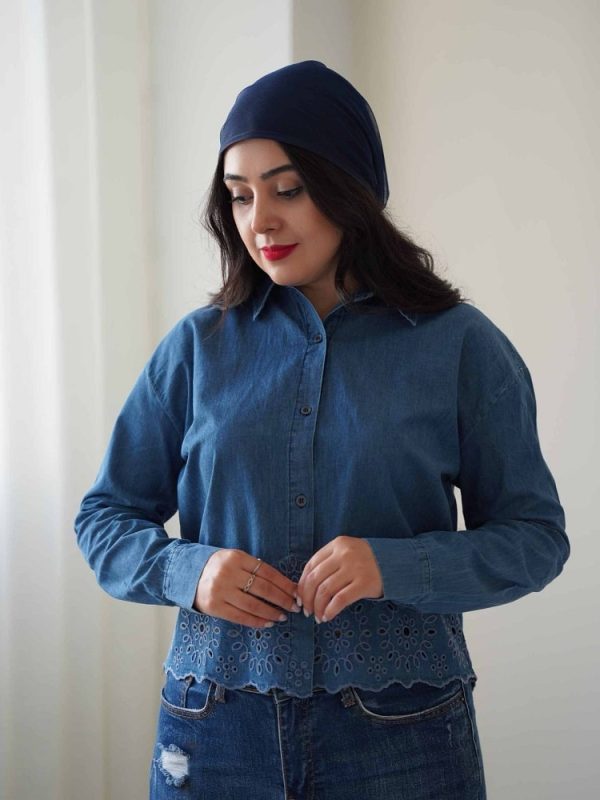 شومیز جین ترک رنگ آبی طرح رز