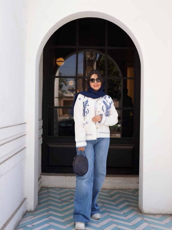 کت خامه دوزی ترک رنگ سفید آبی طرح سلدا