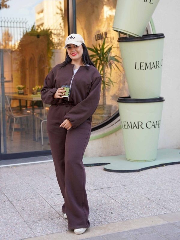 ست بامبر جکت زنانه با شلوار قهوه ای ترک طرح هاندا