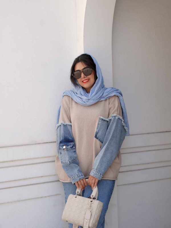 پلیور بافت آستین جین ترک رنگ کرم طرح فرگل