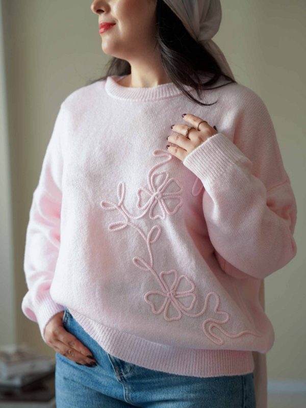 پلیور بافت صورتی گل دار ترک طرح آیلا