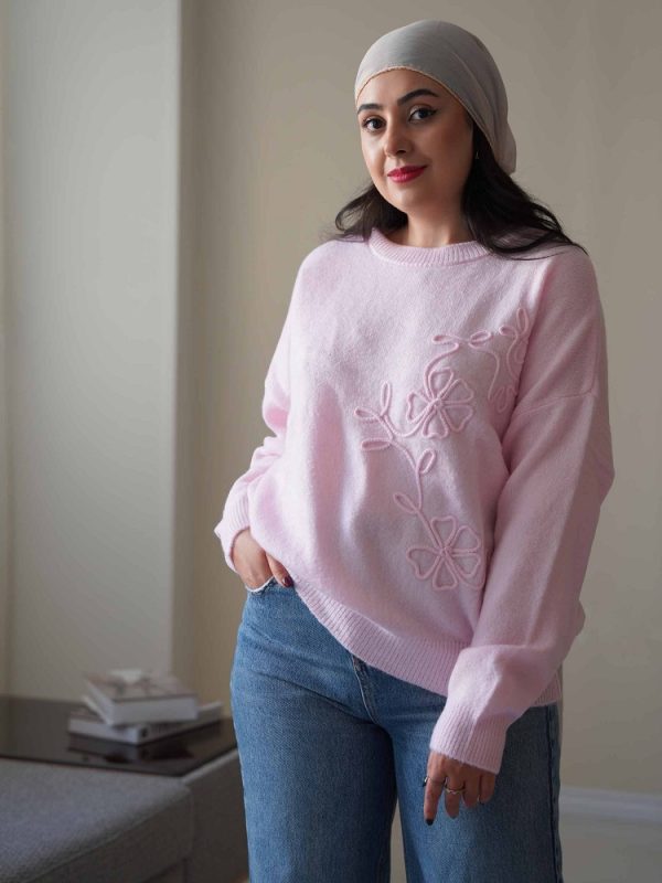 پلیور بافت گل دار ترک رنگ صورتی طرح آیلا