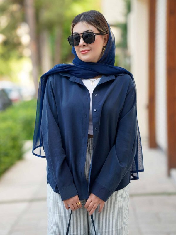 قد شومیز زنانه سورمه ای ساده جنس سیلک طرح آینا